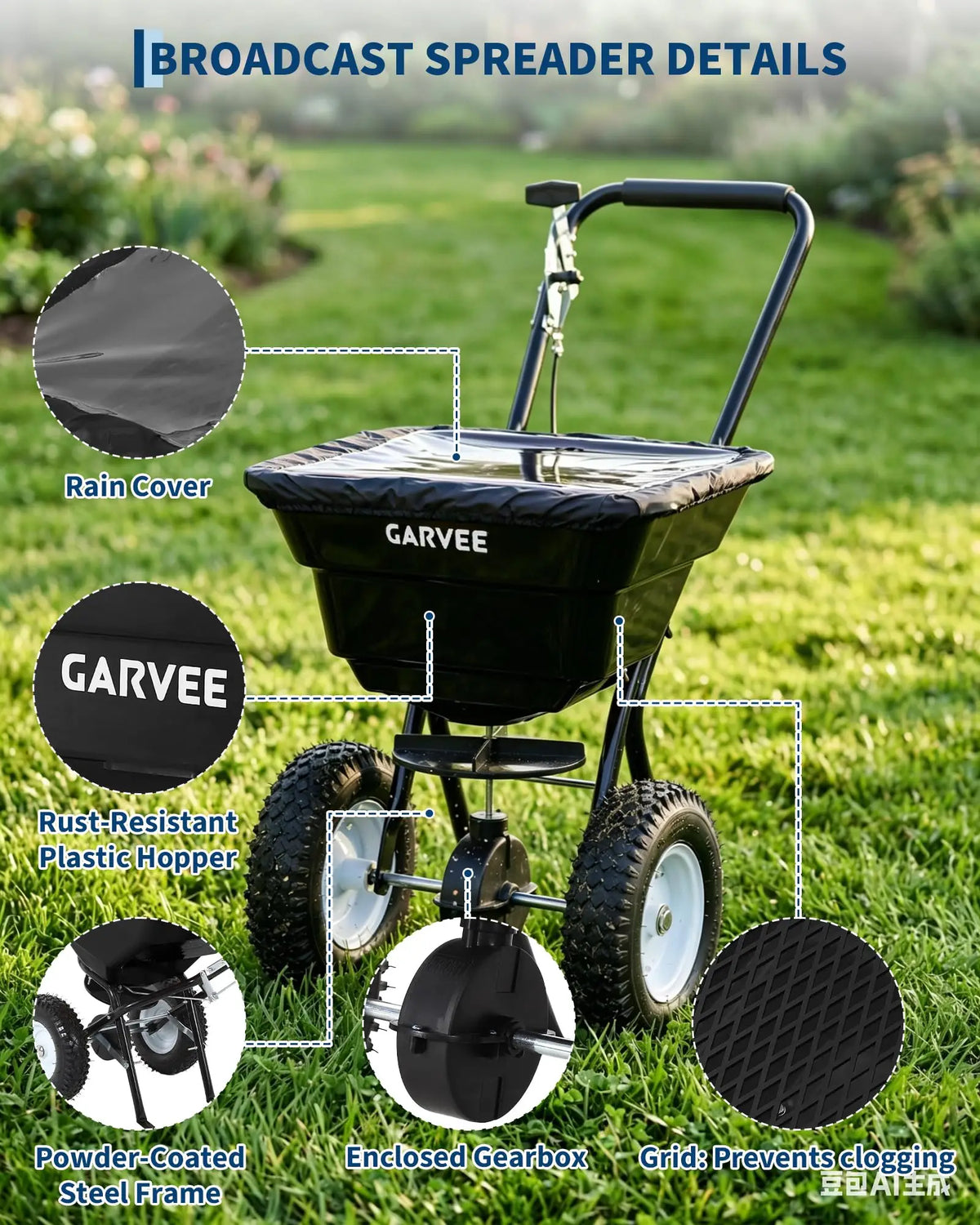 Garvee Heavy Duty 80LB Lawn Spreader, Walk Behind Broadcast Spreader With 12FT Coverage, 13in Wheels For Seed Fertilizer Salt