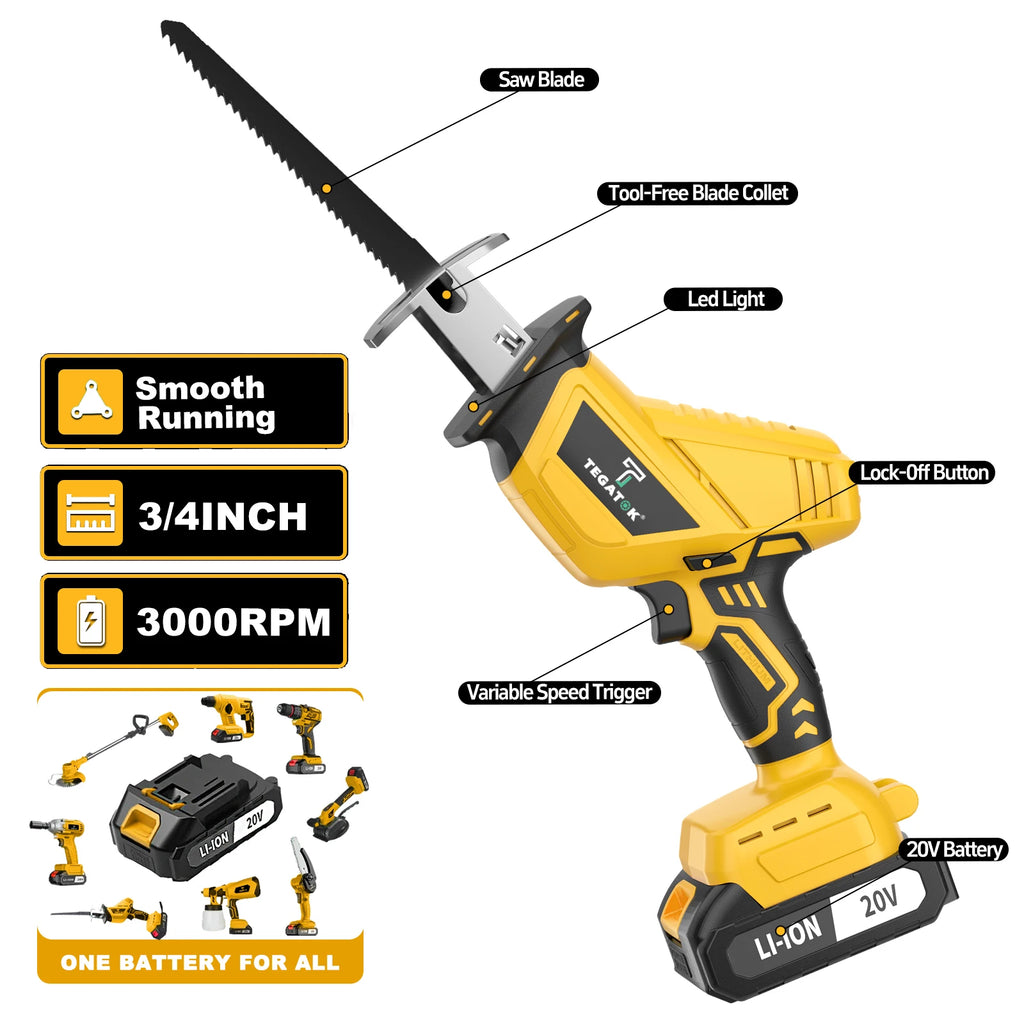 Cordless Reciprocating Saw Cutting Tool Home DIY Wood Metal PVC Pipe Cutting 20V with Battery