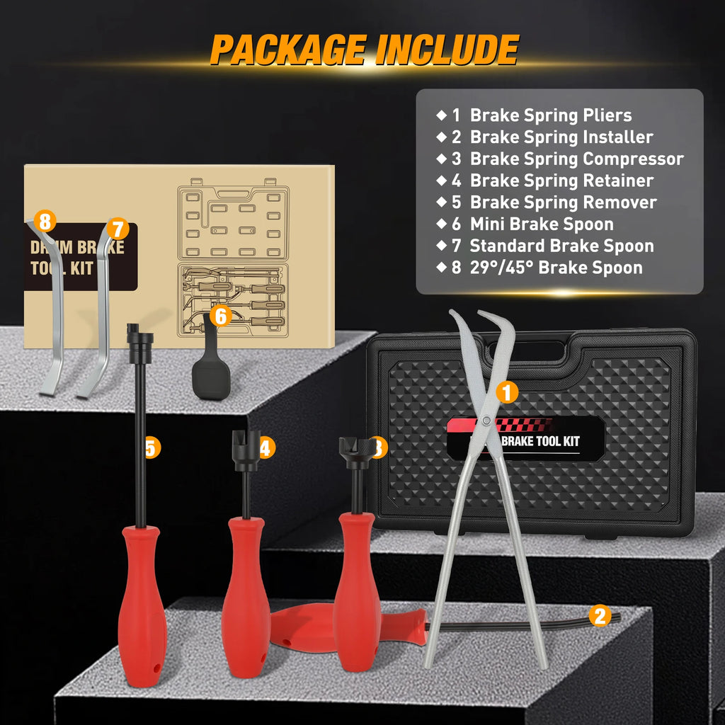 Nilight 8PCS Drum Brake Tool Kit Brake Tool Set with Drum Brake Spring Tool Installer, Remover, Compressor, Retainer, Pliers and Adjustment Spoons Set Brake Tools for Automotive Installer Remover Black