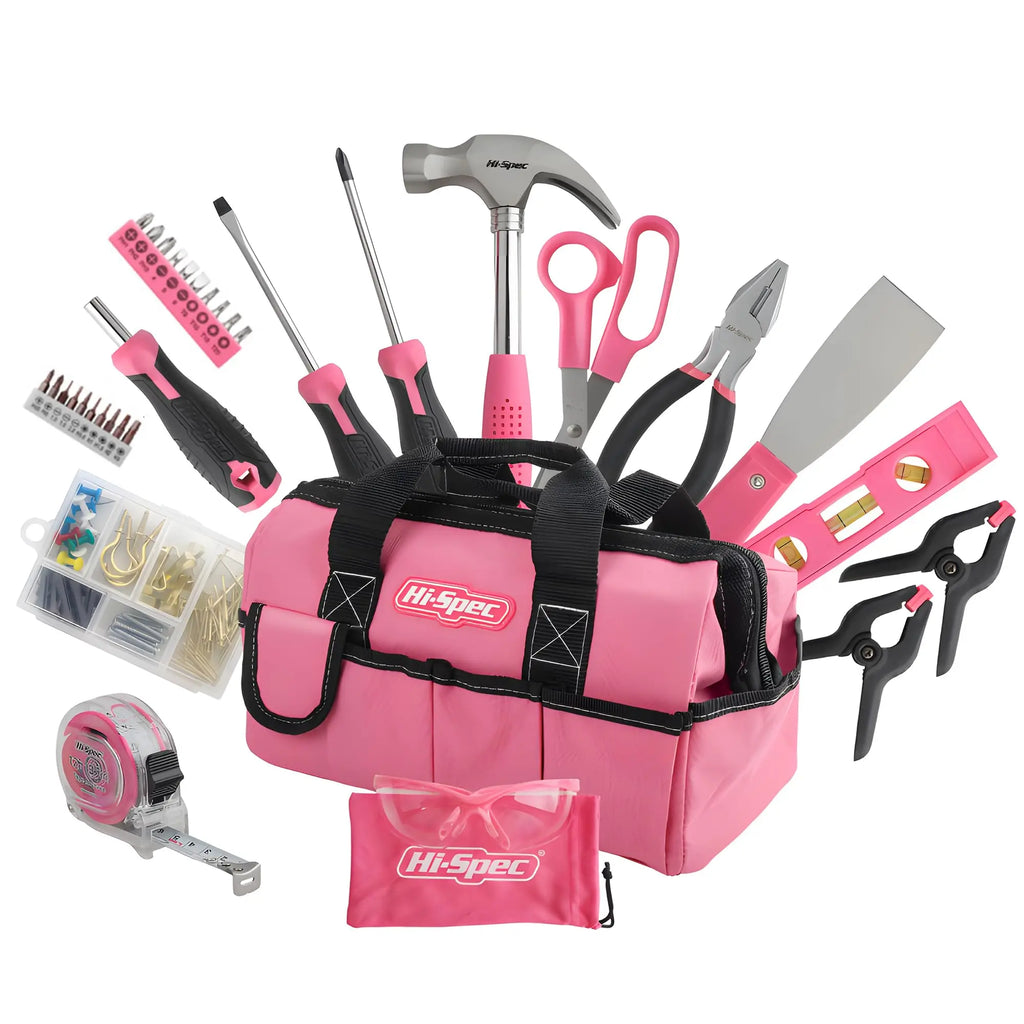 Hi-Spec Household Home Repair Tool Kit 130 Piece General Tools Set With Tool Bag Complete Metric Home Maintenance Kit Pink