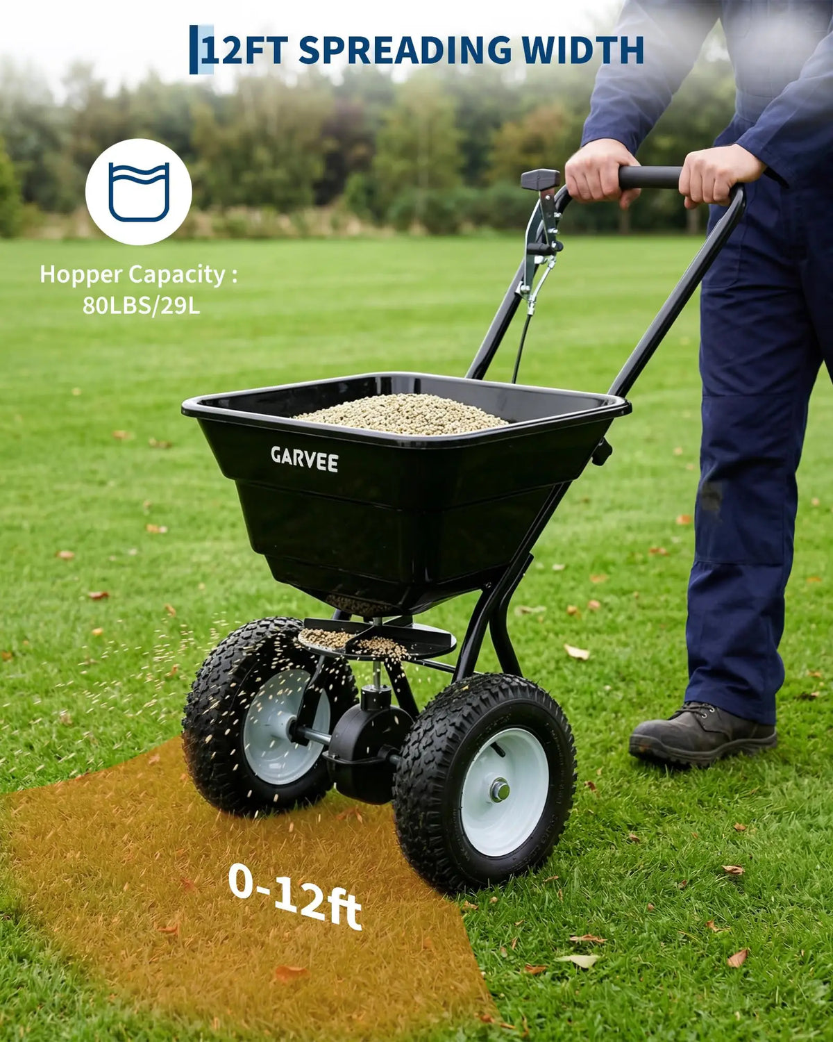 Garvee Heavy Duty 80LB Lawn Spreader, Walk Behind Broadcast Spreader With 12FT Coverage, 13in Wheels For Seed Fertilizer Salt