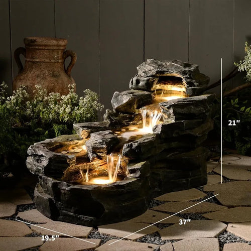 37" L Garden Outdoor Water Fountain, Standing 5-Tiers Waterfall, Natural Rock-Looking Waterfall, Outdoor Fountains with LED Lights for Patio,