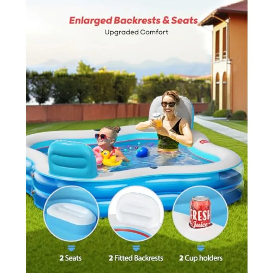 OPAU Inflatable Swimming Pool with 2 Seats and Backrests, 80" L x 80" W x 27" D Large Full-Sized Family Pools for Kids and Adults