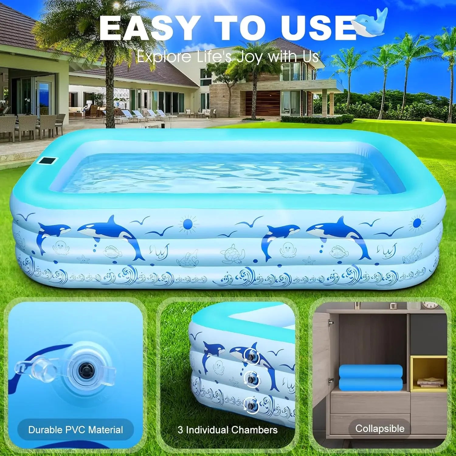 2026 Upgrade Inflatable Pools with Lights, Inflatable Swimming Pools for Adults, Blow Up Pool Solar, Large Pool, Durable Thicken