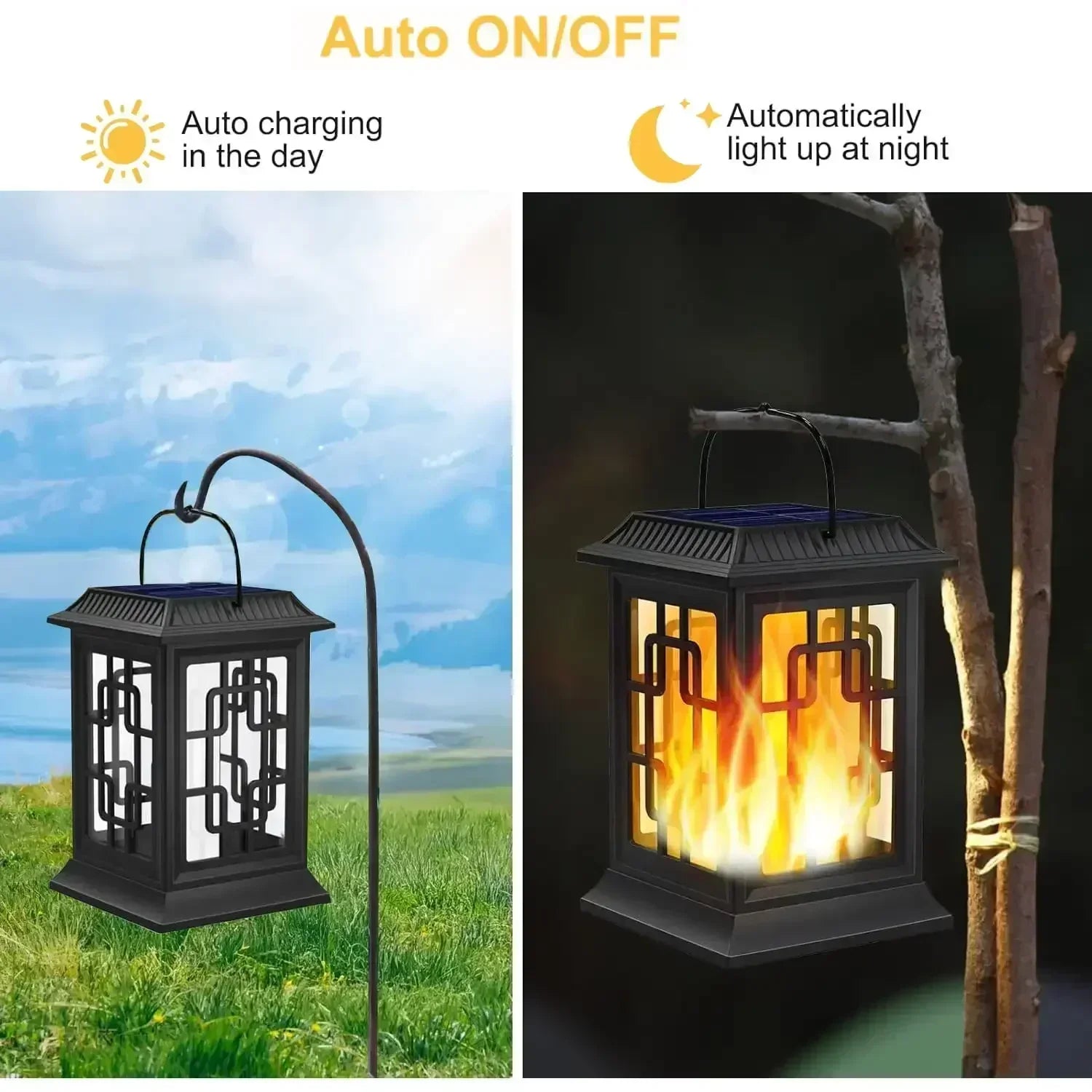 Hanging Solar Light, Flickering Flame Lantern, LED, Waterproof, Hanging, 2 Pack