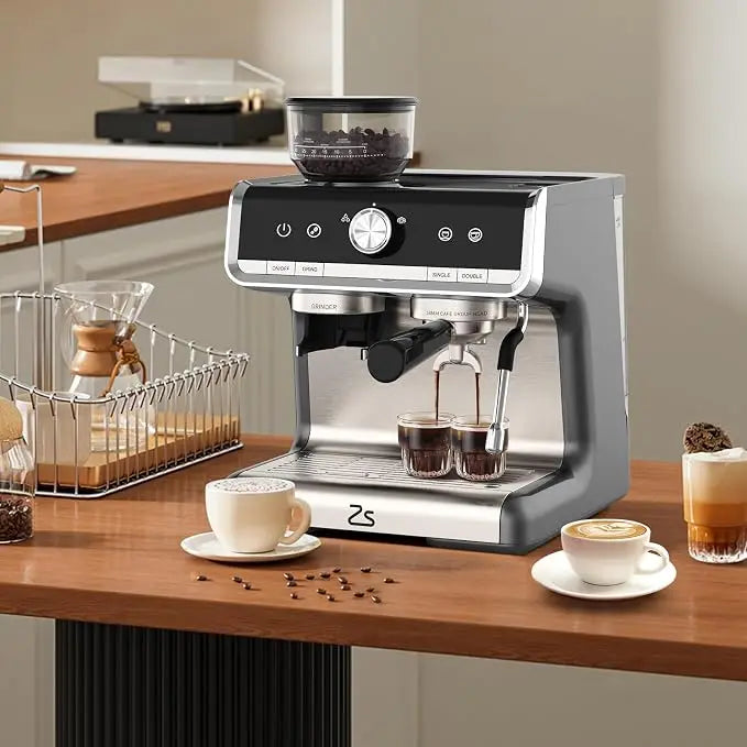 HiMiss Espresso Machine 20 Bar, Semi-Automatic Espresso Maker with Grinder, Stainless Steel, Latte & Cappuccino Espresso Coffee Machine with/Automatic Milk Frother & 95 oz Water Tank for Office