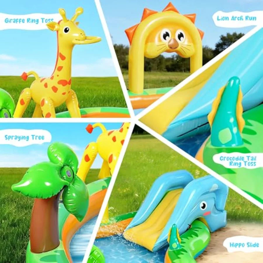 Sulifeel Zoo-Themed Inflatable Play Center Kiddie Pool with Slide and Sprinkler for Backyard and Garden Use PVC Material Blue, Green, Yellow