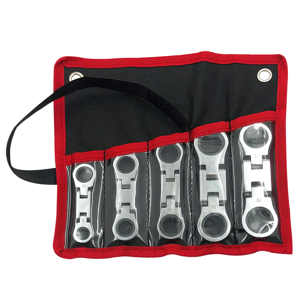 GOSWIFT 5pcs Dual Flex Head Ratcheting Wrench Set, Double Box End, Flex-Head, Stubby Metric Combination Wrench Set