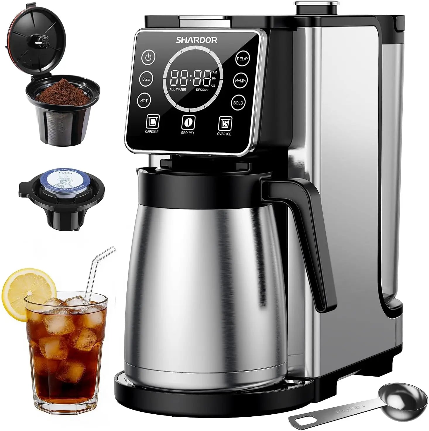 Programmable 5 Cup Drip Coffee Maker, Single Serve Hot & Iced Coffee Machine for K Cup & Grounds, 95oz Reservoir, 6-24oz Brew Size, Strong Brew, Stainless Steel Carafe