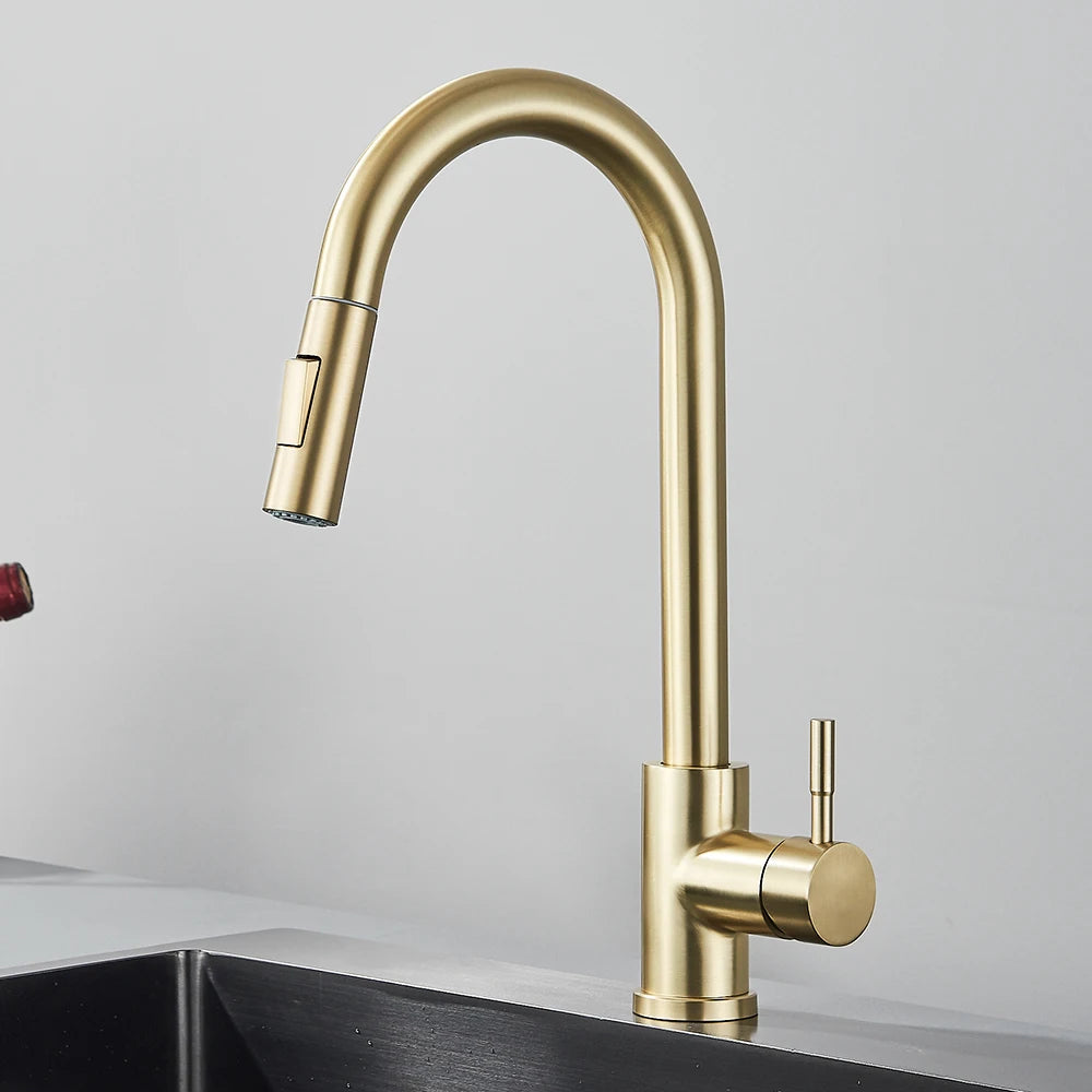 Kitchen Faucet With Pull Down Sprayer, Single Handle, Brushed Gold Or Matt Black