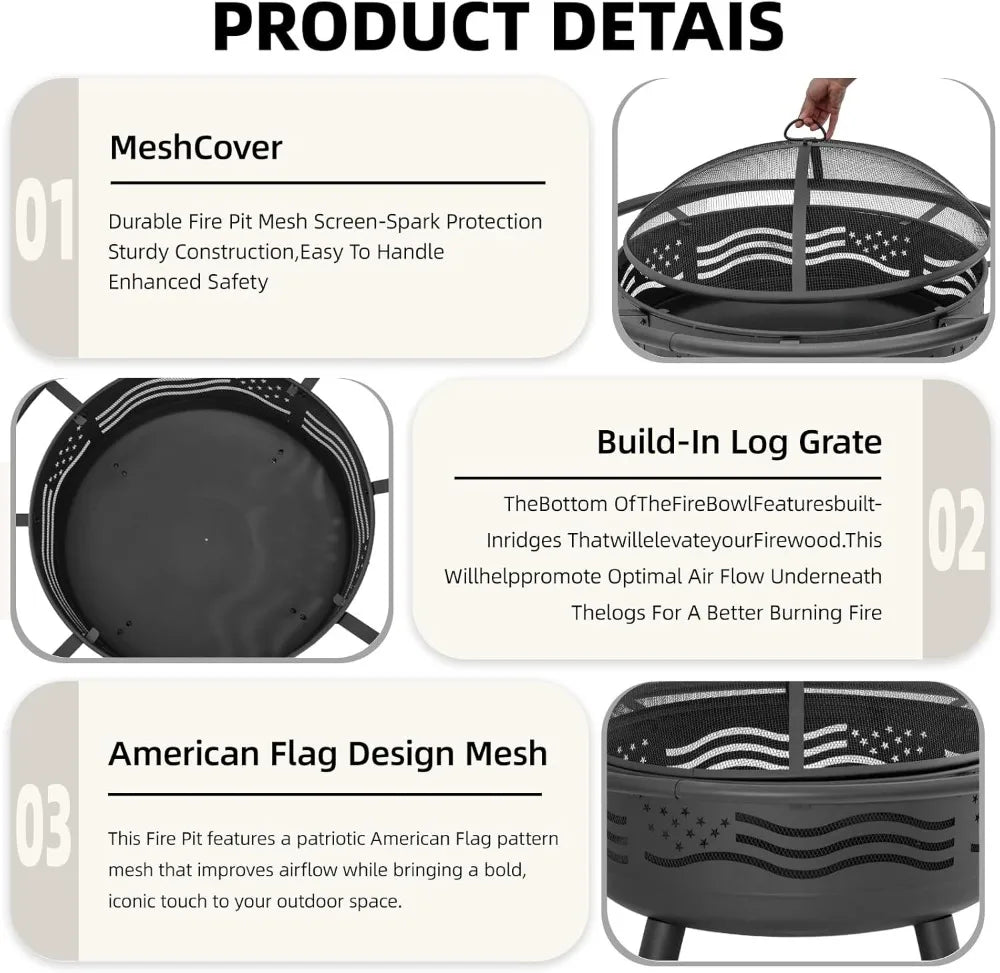 32 Inch American Flag Fire Pit, Firepit with Mesh Cover & Poker, Outdoor Metal Wood Burning Firepit, Firepit for Patio Garden Backyard