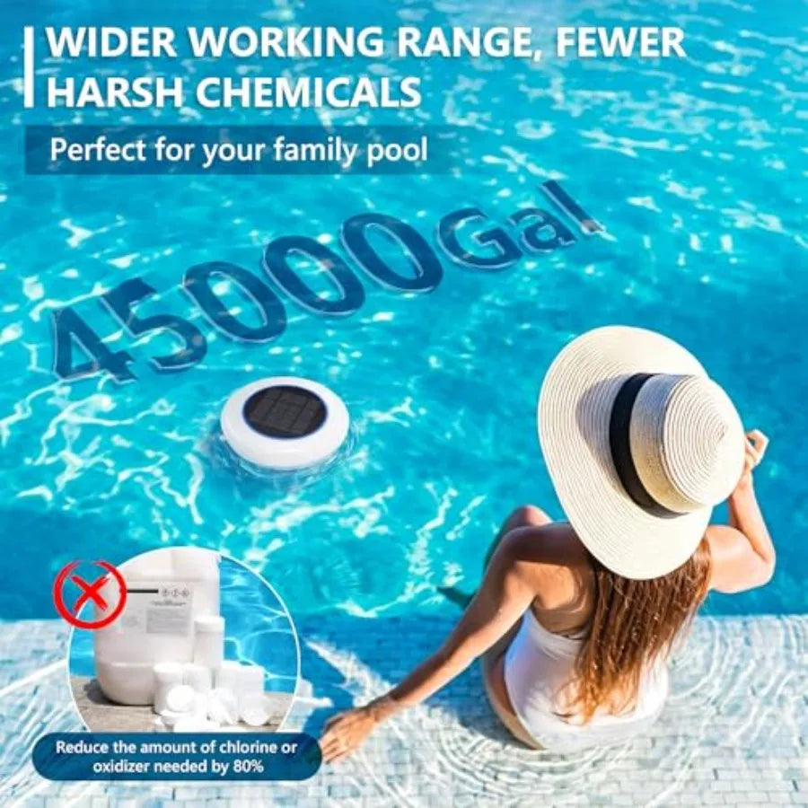 Solar Powered Pool Ionizer for Above Ground Inground Pools, Copper Rod Filter Accessories, Blue, Temperature Display 20-Hour Ru