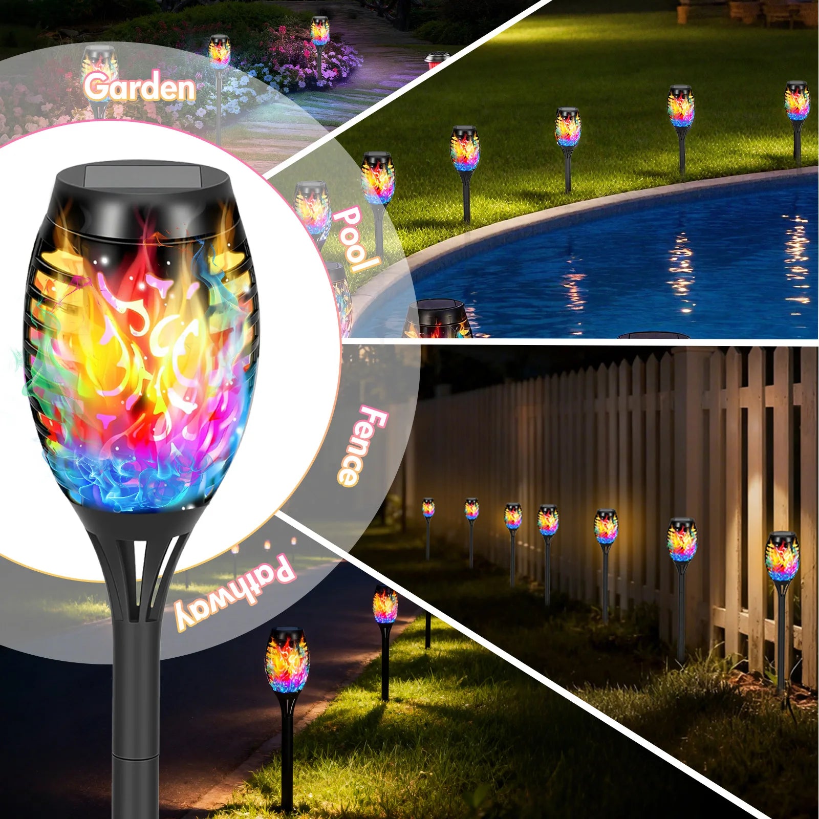 Colorful Torchlights, Solar, LED. 20" Tall, Outdoor, Waterproof, 4/6/8/12 Packs