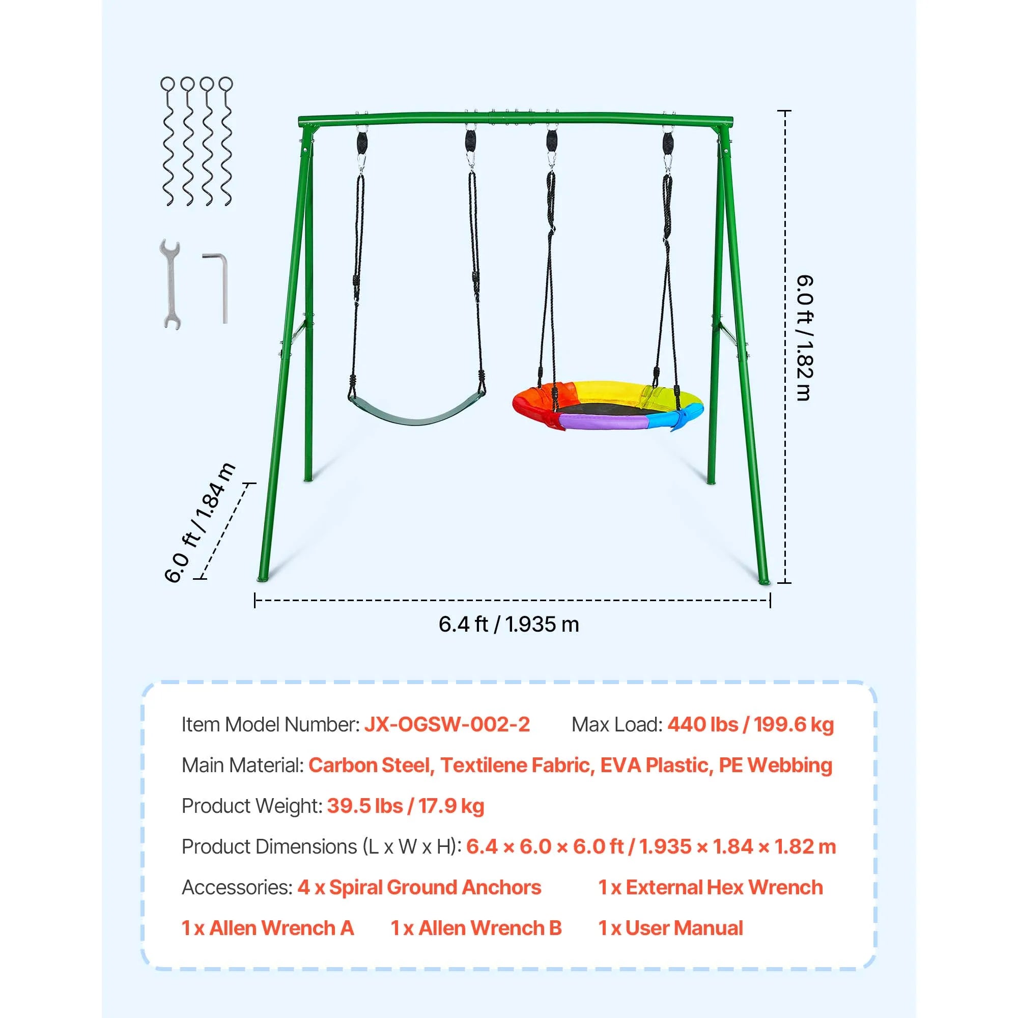 SucceBuy Swing Set for Backyard 32/40/60x32"Heavy Duty A-Frame Metal Stand 440lbs Reinforced with Spiral Ground Anchors for Kids