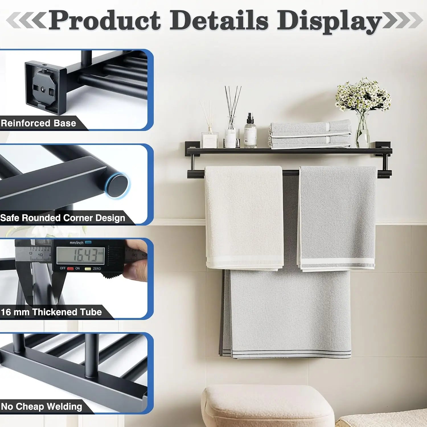 Alise Double Towel Rack for Bathroom Wall Mounted,24 Inch Bathroom Tower Holder Black Towel Rack with Double Towel Bars, Stainless Steel Towel Bar Towel Rack with Shelf, Matte Black