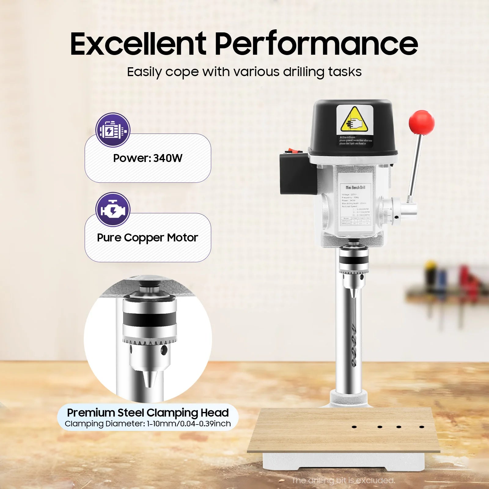 Corded Mini Table Drill, 340W, 16000 RPM, 3 Speed