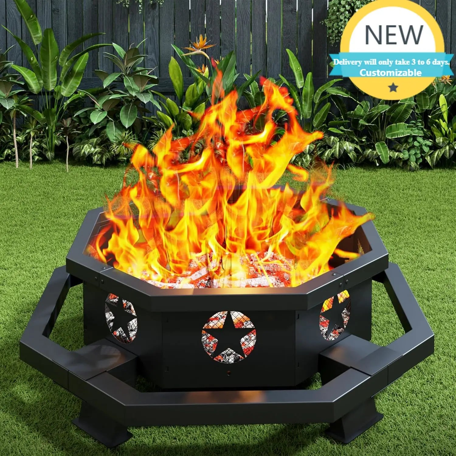 45 Inch Fire Pit for Outside, Wood Burning Firepit, Outdoor Octagonal Fire Pit with Poker, Large Firepit for Backyard, Patio