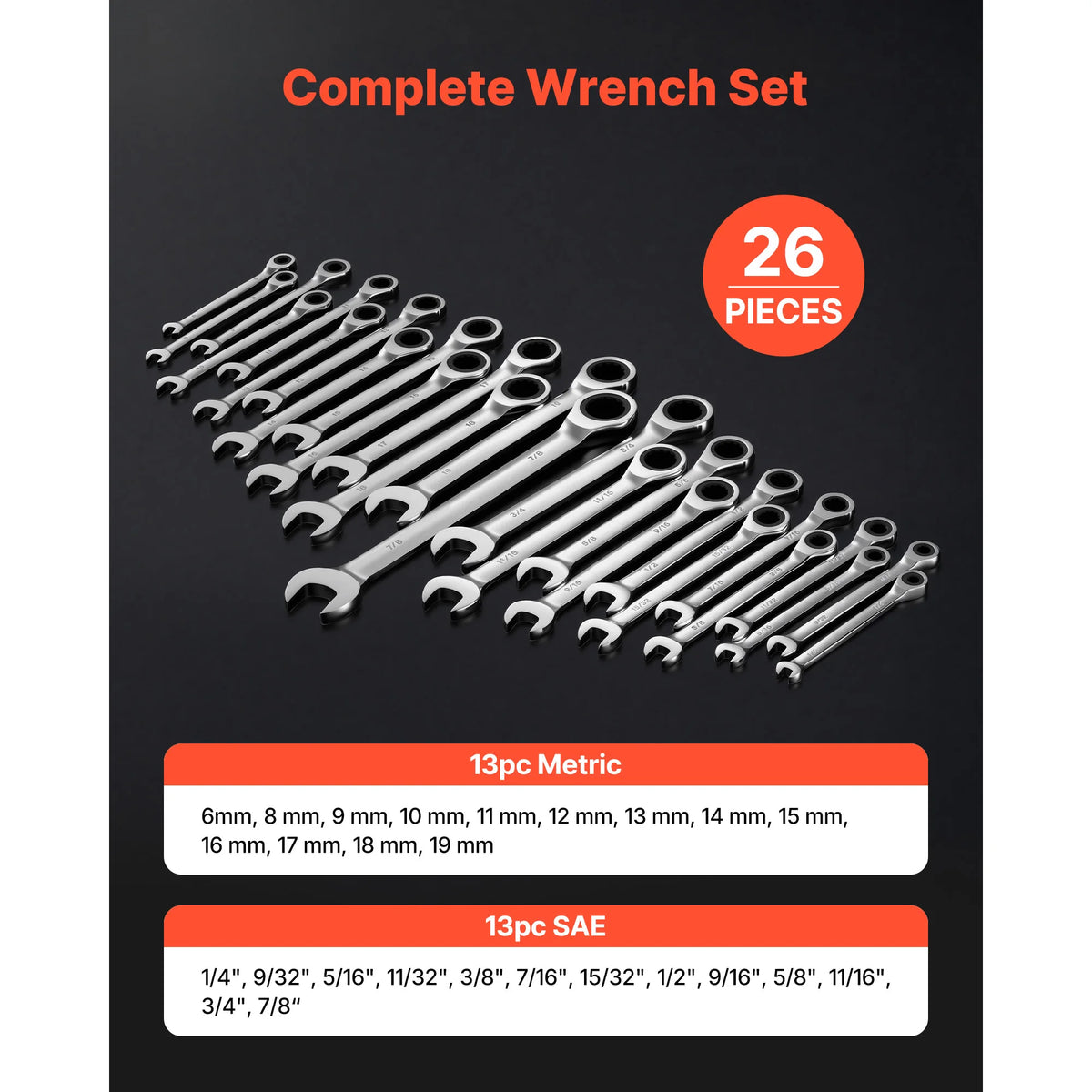 SucceBuy Combination Wrench Set Steel Ratcheting Wrench Set with Rack Organizer Size Labels for Household Automotive Repairs
