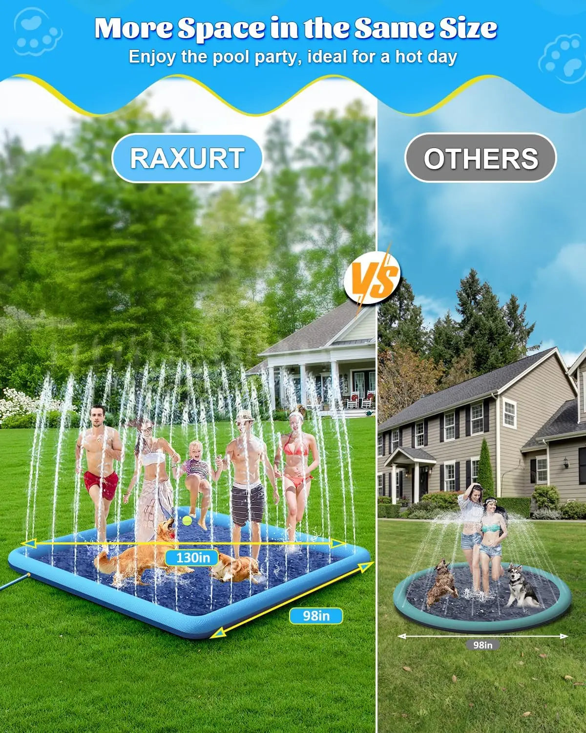 Raxurt Kiddie Sprinkler Pool PVC Material Large Size Non-Slip With Sprinkler Summer Blue