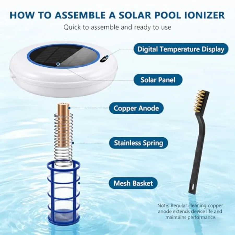 Solar Powered Pool Ionizer for Above Ground Inground Pools, Copper Rod Filter Accessories, Blue, Temperature Display 20-Hour Ru