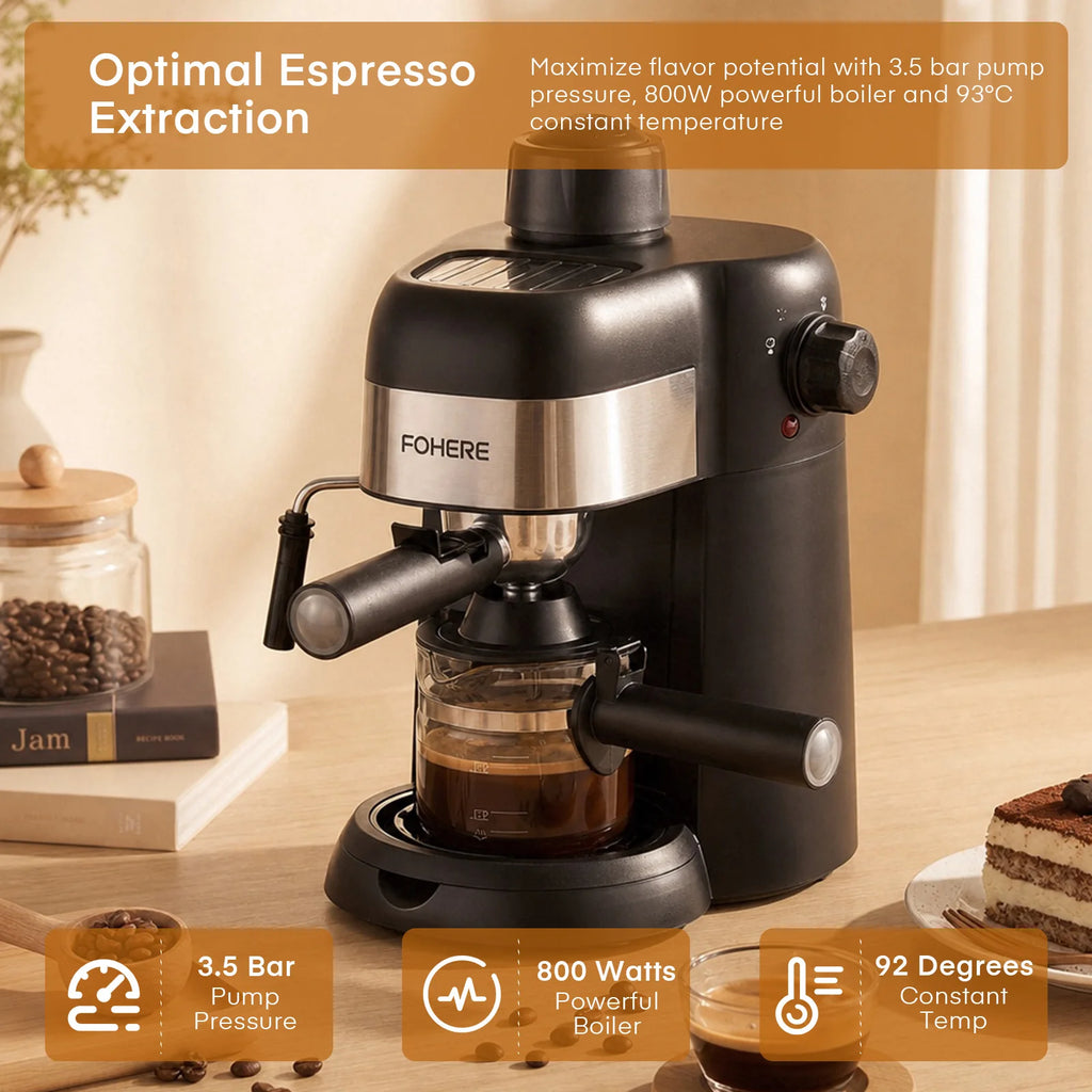 Fohere Steam Espresso Machine, 3.5 Bar 4 Cup, Professional Compact Espresso and Cappuccino Maker with Milk Frother and Carafe for Coffee, Latte and Mocha