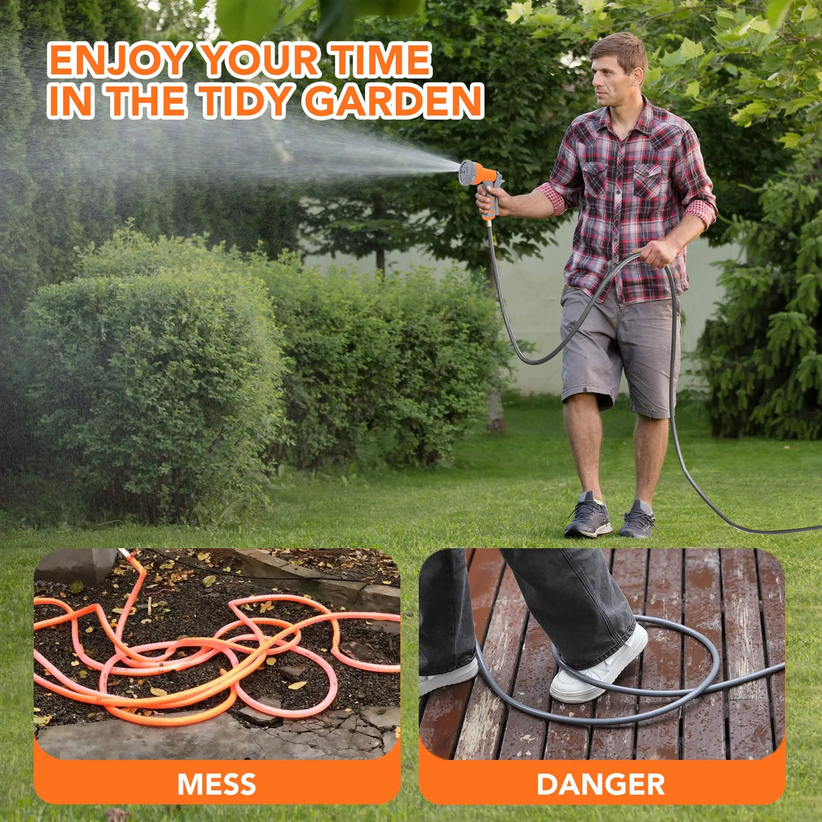 HiMiss Wall Mounted Retractable Garden Hose Reel, 1/2 in X 72/100 ft, Auto Slow Rewind, 180° Swivel, 9-Function Nozzle, Any Length Lock
