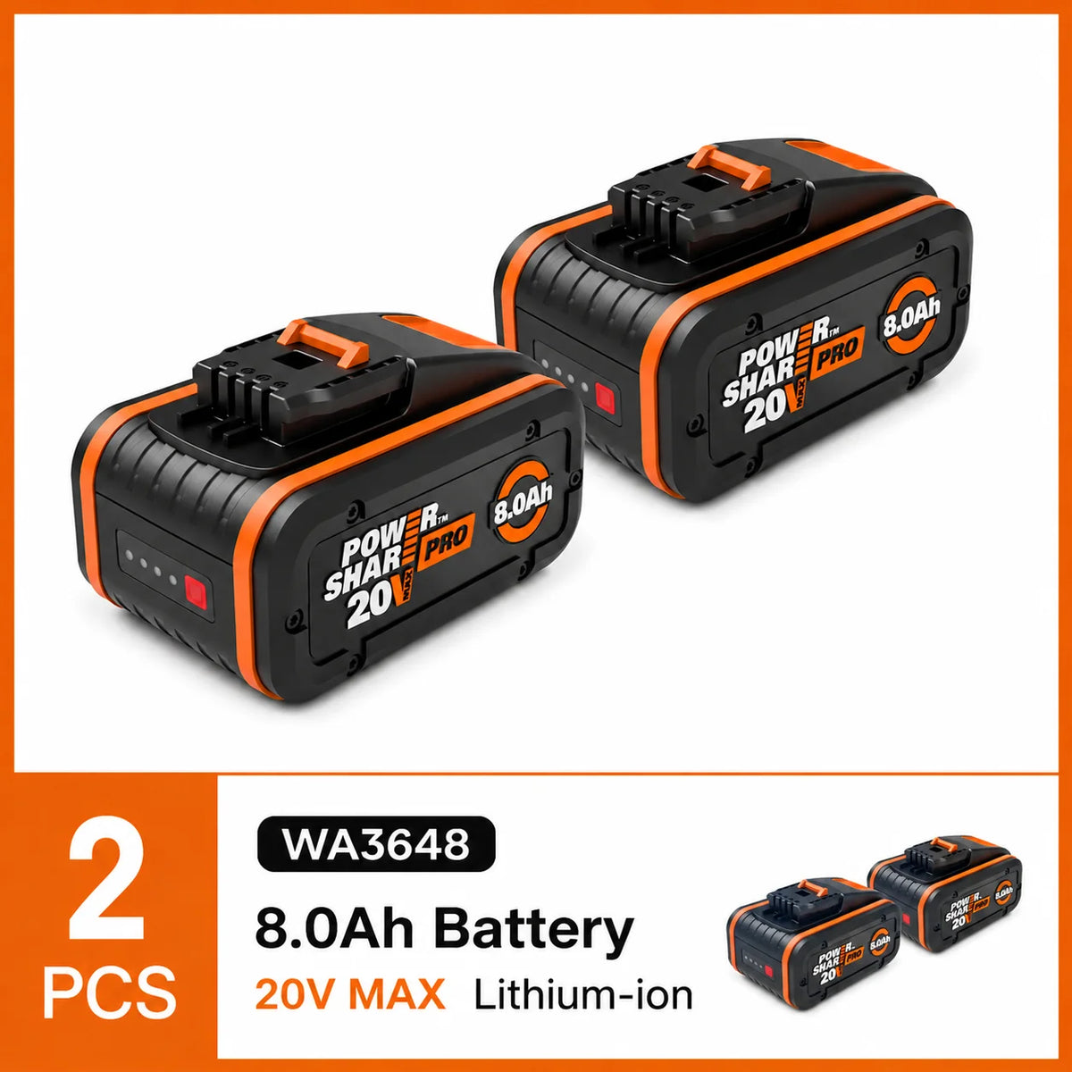 100% Original Worx 20V 8.0Ah Lithium Battery, Rechargeable WA3553 WA3551 WA3553.1 WA3570 for All WORX Electric and Garden Tools