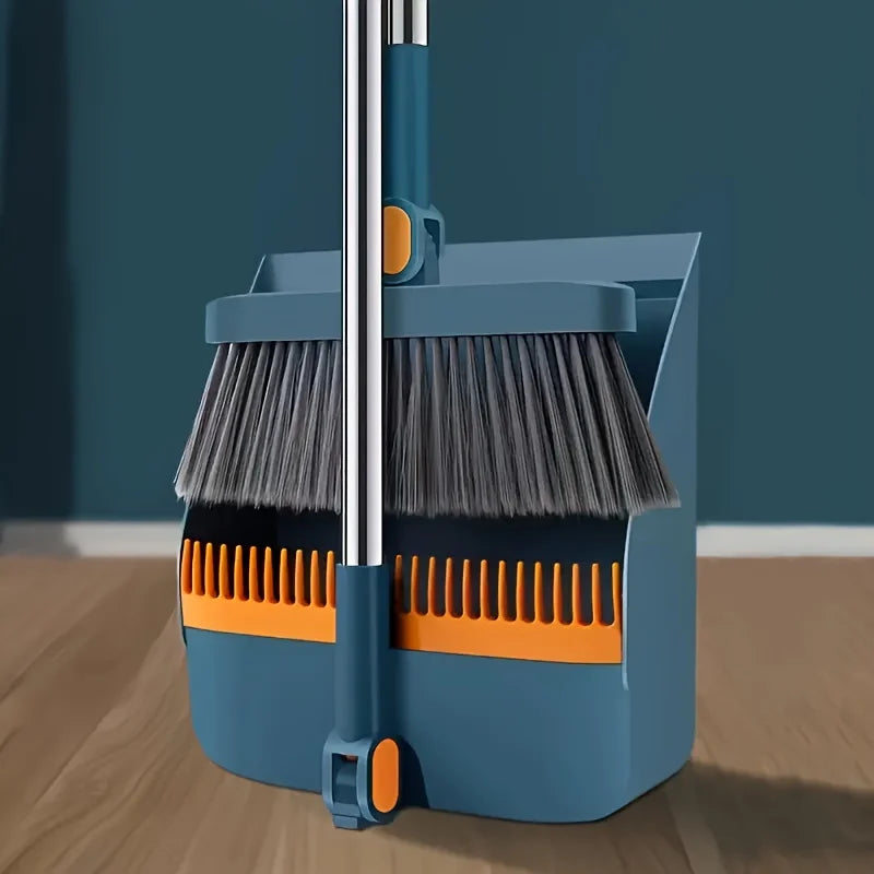 Long Handle Broom and Dustpan Set with Comb Teeth - Durable Floor Cleaning Tools for Pet Hair Removal, Home & Office Use