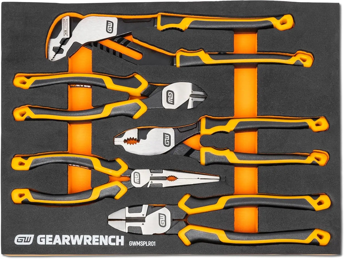 5-Piece Pitbull Pliers Set with Foam Tray, K9 Jaw, 35° Angle Grip, High Leverage, 20° Head