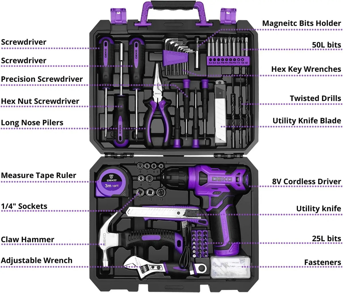 Tool Set with 8V Cordless Drill, 126-Piece Hand Toolbox Kit for Home Repairs, Purple Storage Case