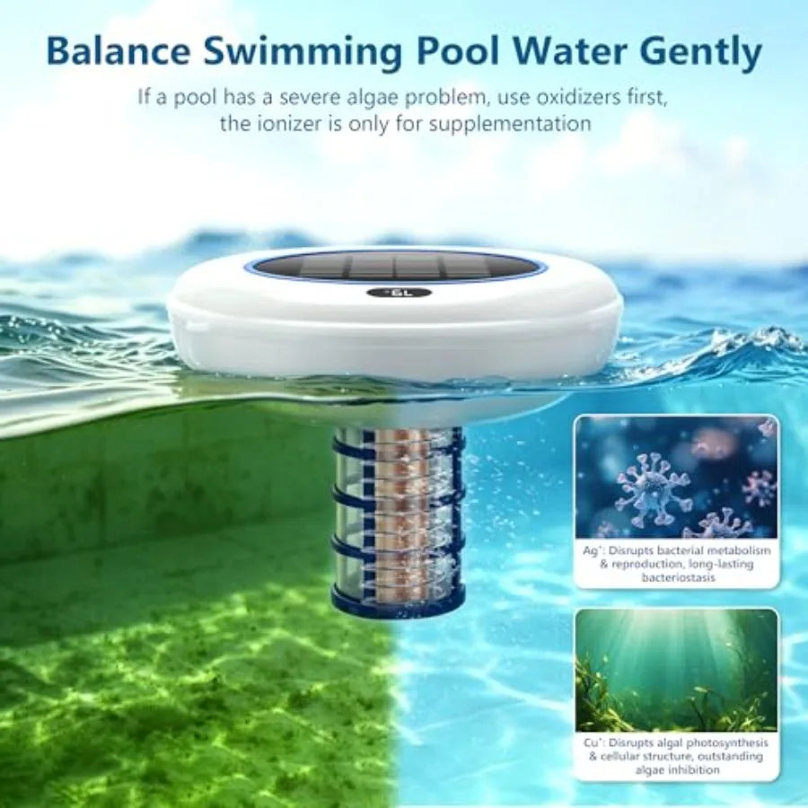Solar Powered Pool Ionizer for Above Ground Inground Pools, Copper Rod Filter Accessories, Blue, Temperature Display 20-Hour Ru