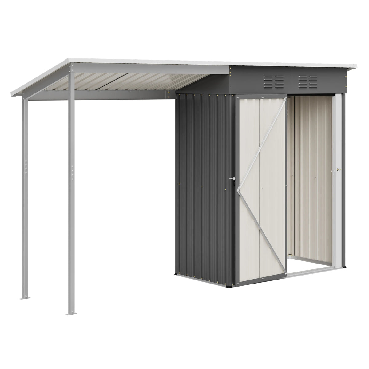 Thanaddo 5x3 FT Metal Outdoor Storage Shed with Attached Hardtop Pergola, Lockable Double Door Garden Tool House with 2 Air Vents, Sloped Weatherproof Roof