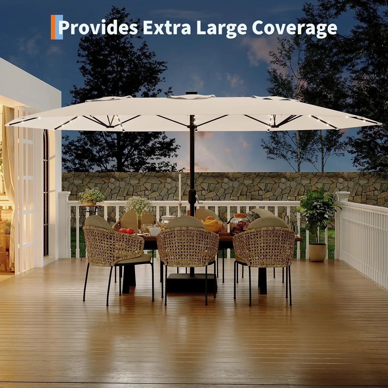 15Ft Outdoor Patio Umbrella, Umbrella With Solar LED Lights & Base, Large Rectangle Sunshade W/Crank Handle, UV Protection For Pool/Lawn