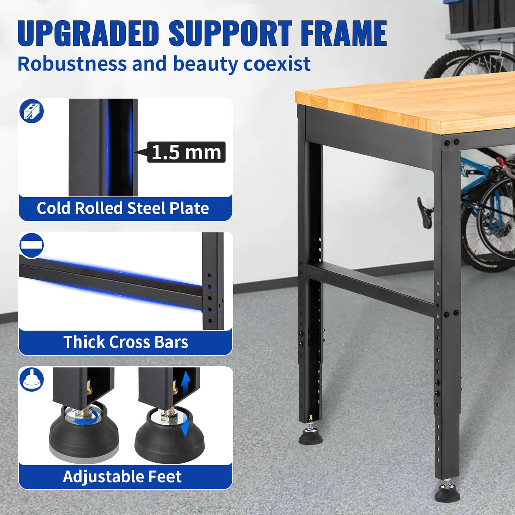 SucceBuy 72cm Woodworking Workbench, Adjustable Height Oak Wood Hardwood Top Worktable, 900KG Capacity for Office Home Workshop