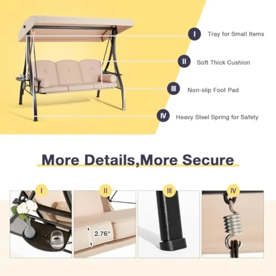 3 Person Outdoor Porch Swing with 1.5" Upgraded Cup Holder, Adjustable Canopy, Backrest, Patio Swing Bed with Weather Resistant Fabric