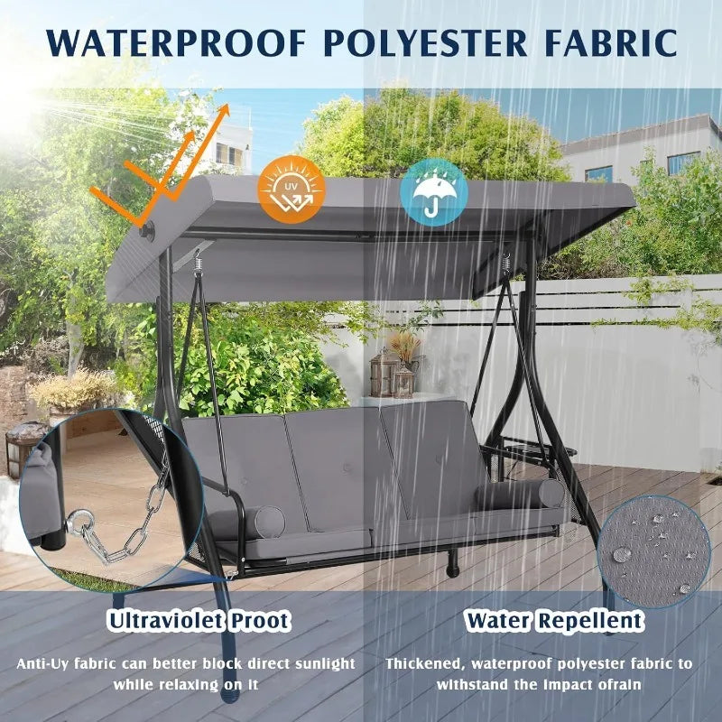 Outdoor Porch Swing with Canopy and Stand, 3 Person Patio Swing for Adults, Convertible 2 in 1 Porch Bed Swing with Cup
