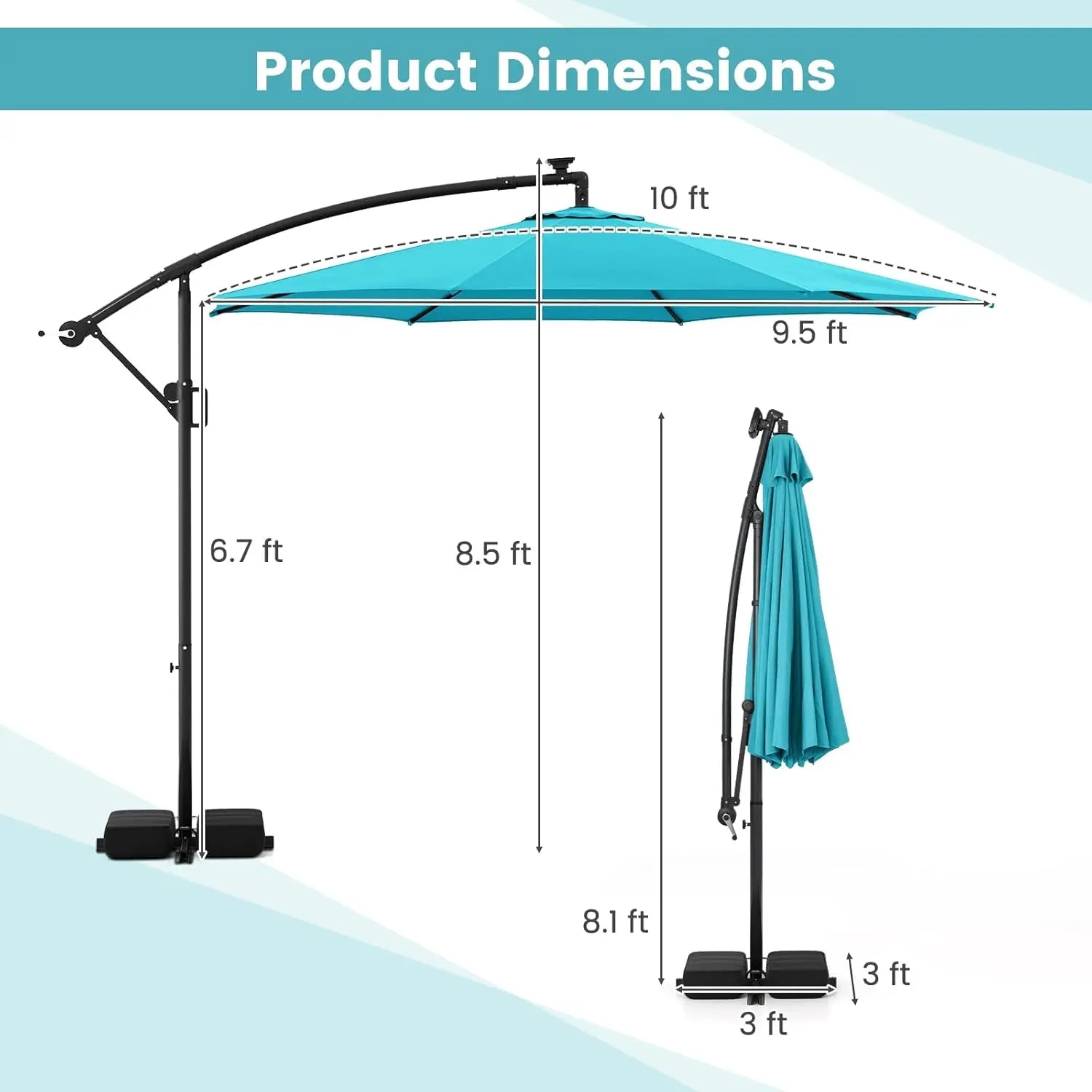 10 FT Solar Patio Umbrella with Base Included, Cantilever Offset Hanging Outdoor Umbrella with 96 Multi-Colored Solar Lights