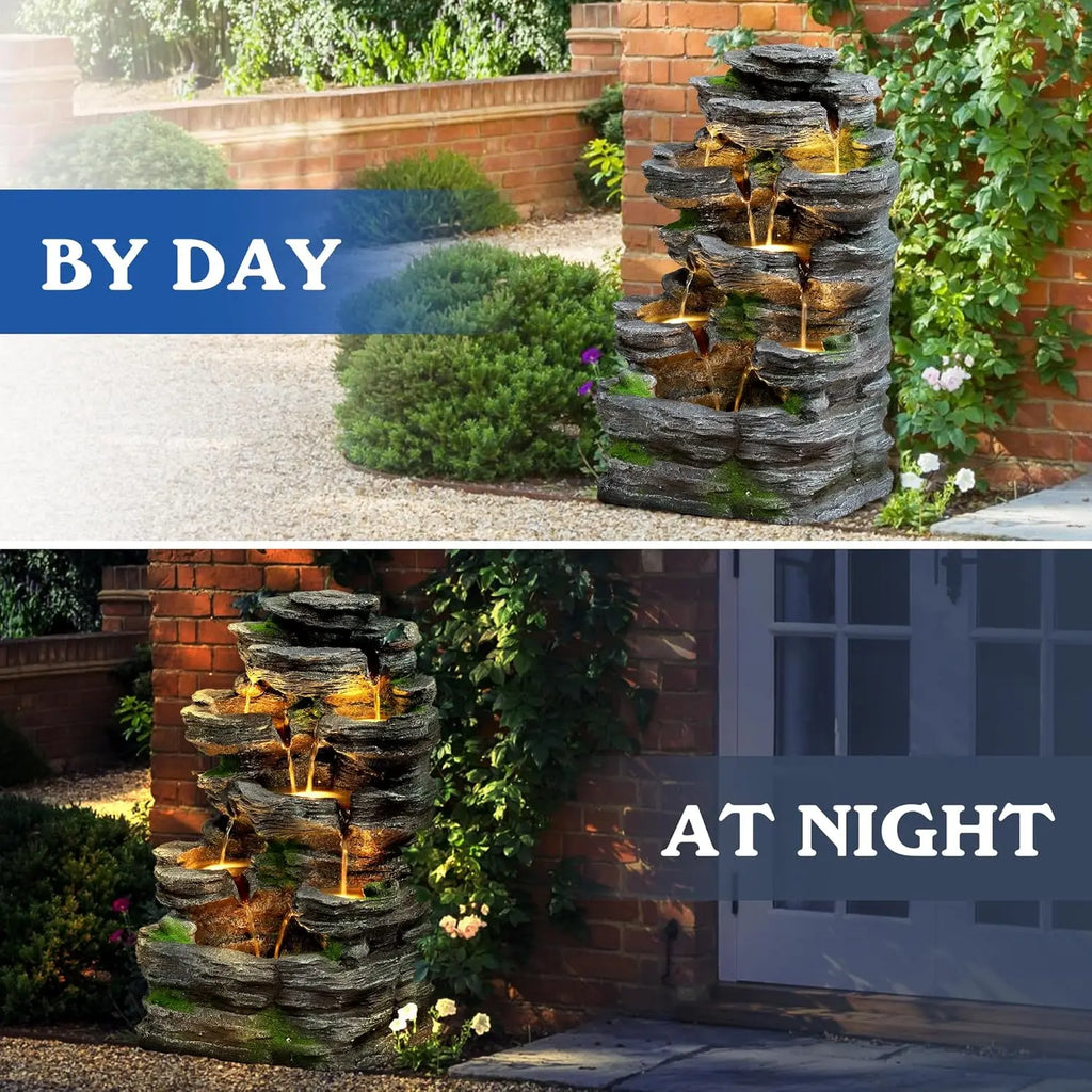 7-Tier Cascading Rock Water Fountain Outdoor Garden Waterfall with Lights,Fountain Indoor Decor for Garden, Patio, Backyard