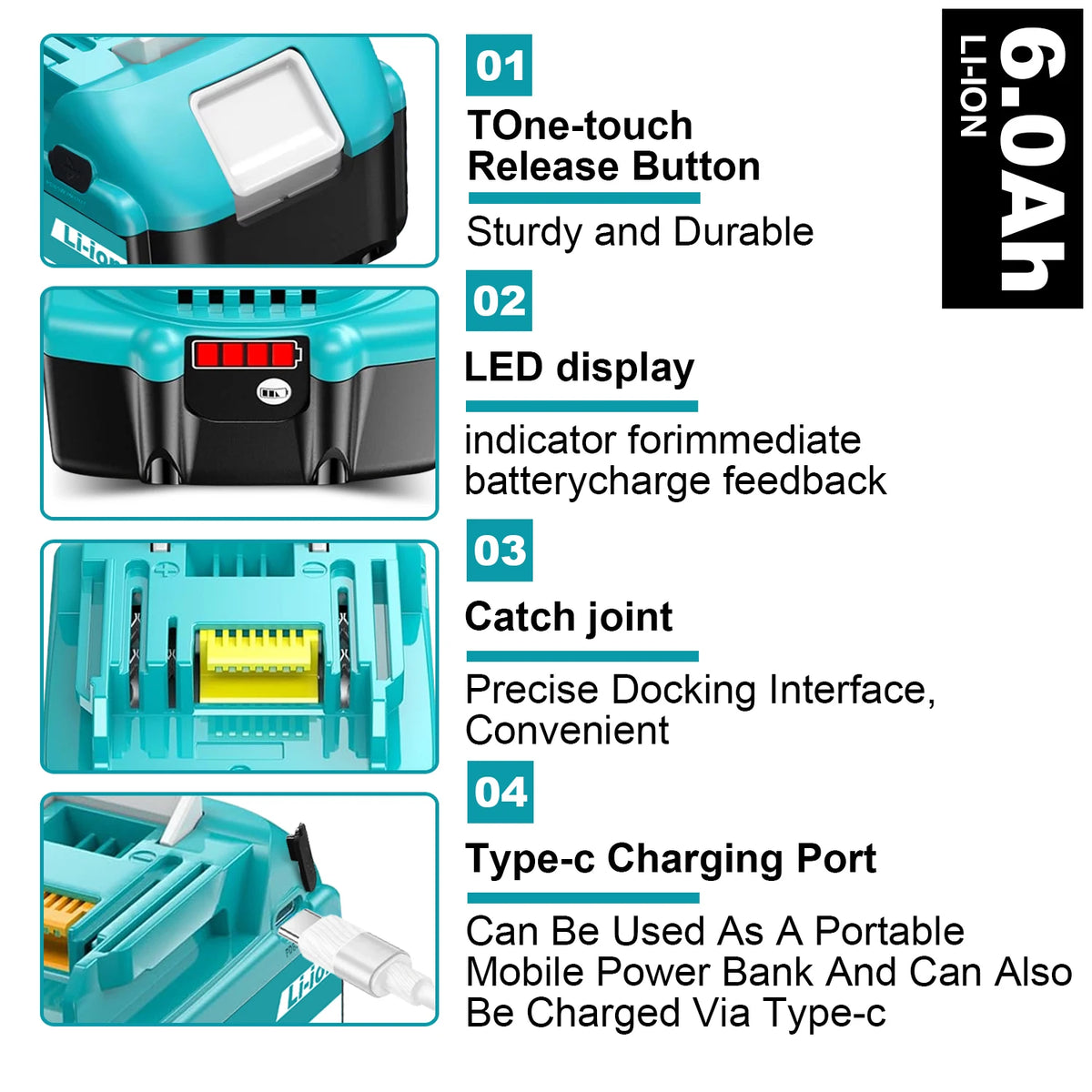 Type-C Version 18V Replacement Battery for Makita BL1860B 6.0Ah High-Capacity Cordless Power Tools Can Be Used as a Power Bank