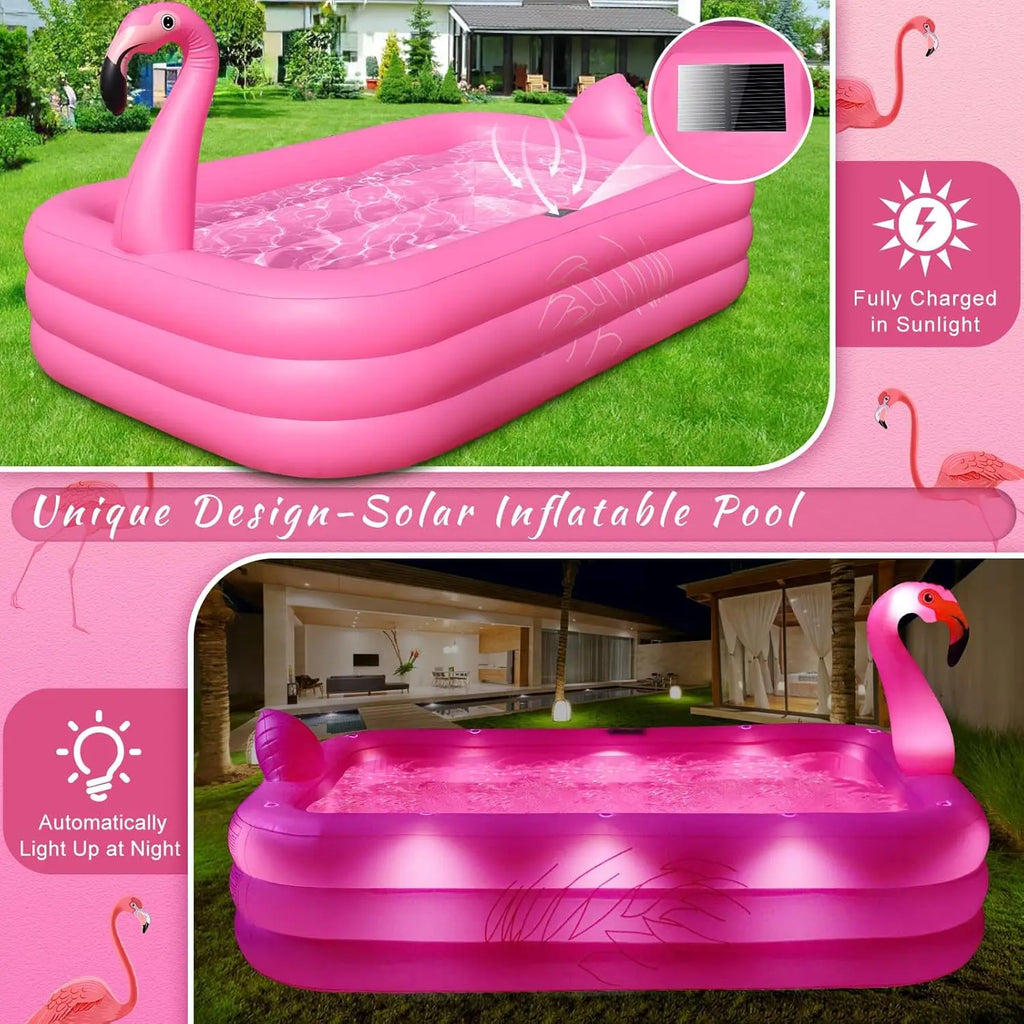 Solar Lighted Inflatable Flamingo Pool for Kids & Adults, Large 100"X63"X20" Backyard Outdoor Pink