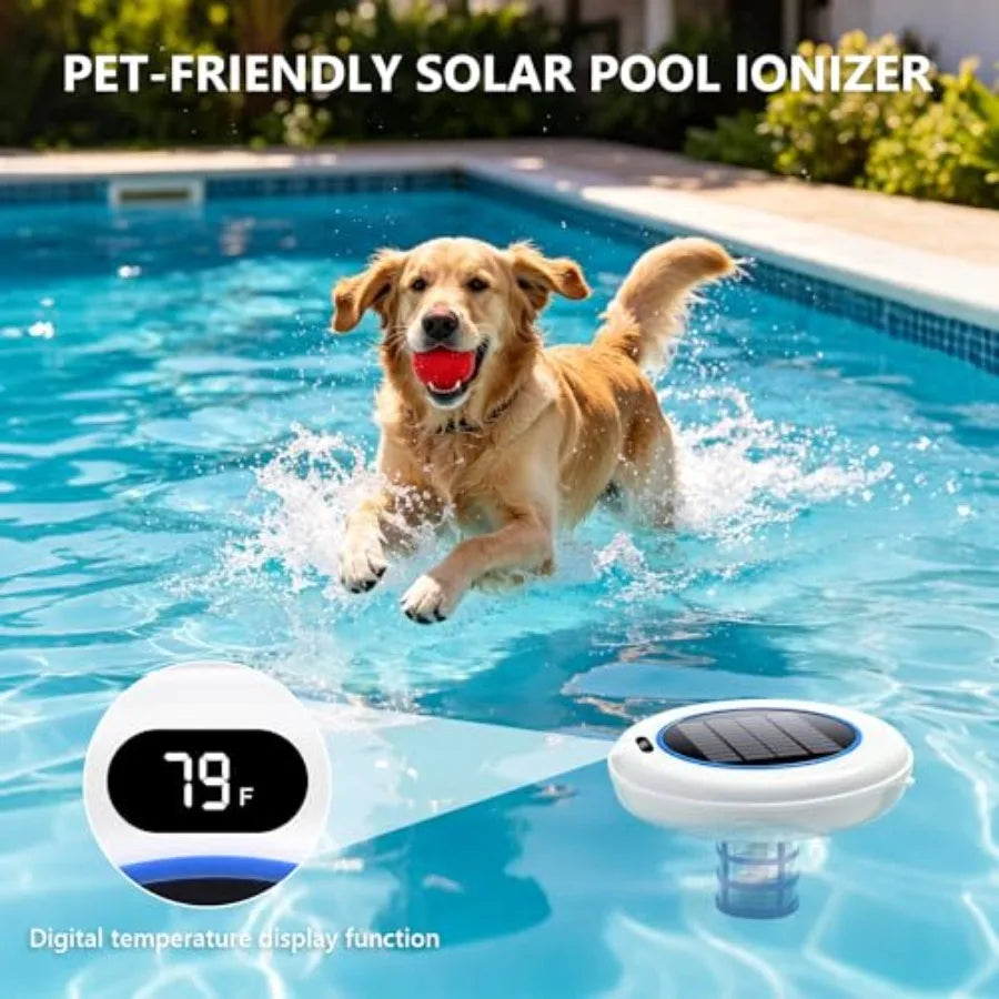 Solar Powered Pool Ionizer for Above Ground Inground Pools, Copper Rod Filter Accessories, Blue, Temperature Display 20-Hour Ru
