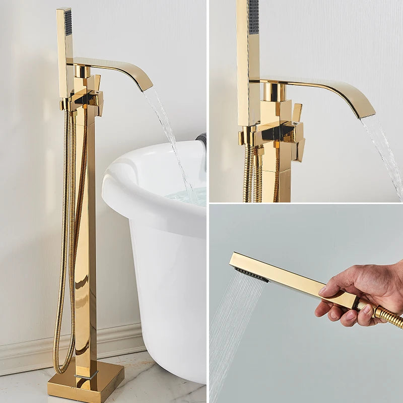 Floor Standing Bathtub Tap With Hand Shower, Hot And Cold Mixer