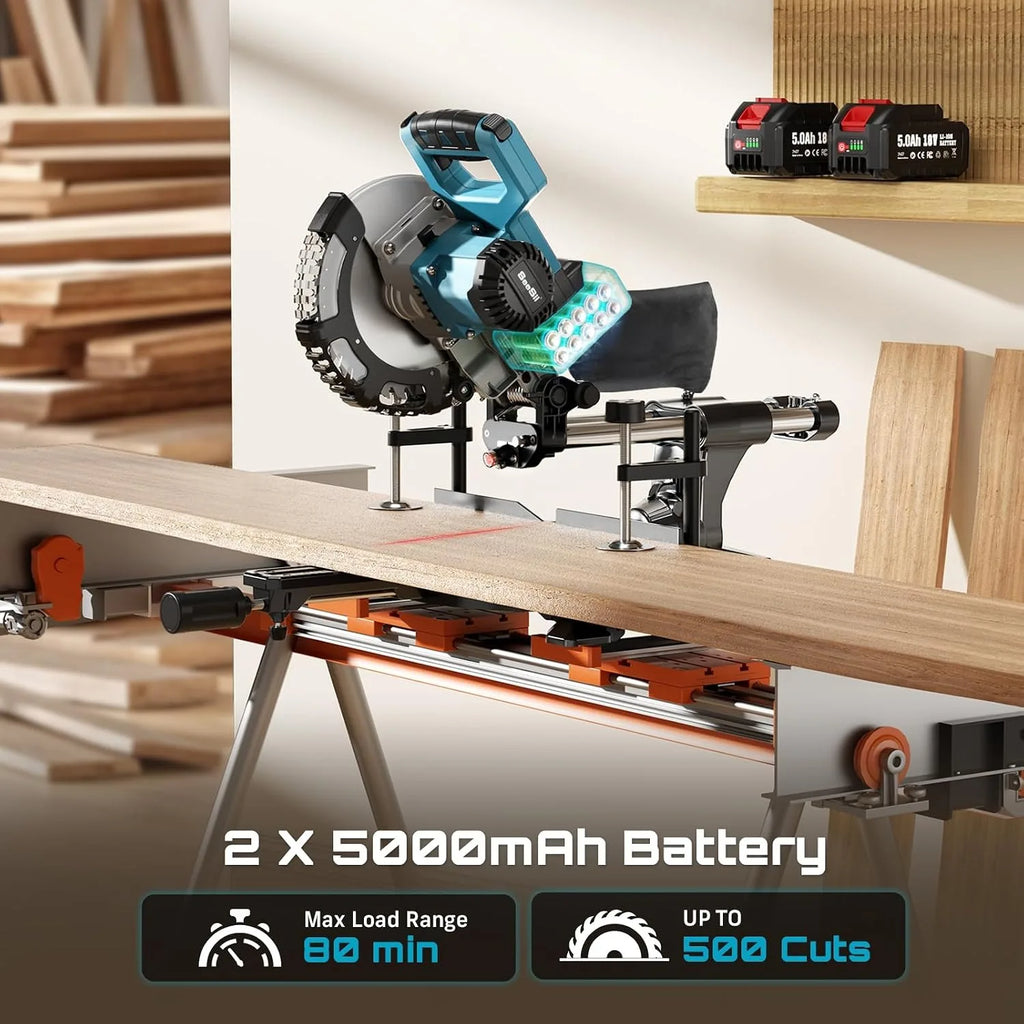 SEESII 8-Inch Sliding Compound Miter Saw Cordless Power Miter Saw with Laser Guide 2 pcs 5000 mAh Batteries Single Bevel 45° 24T TCT Blade Max Cut 2.5×12-inch Ideal for DIY & Woodworking