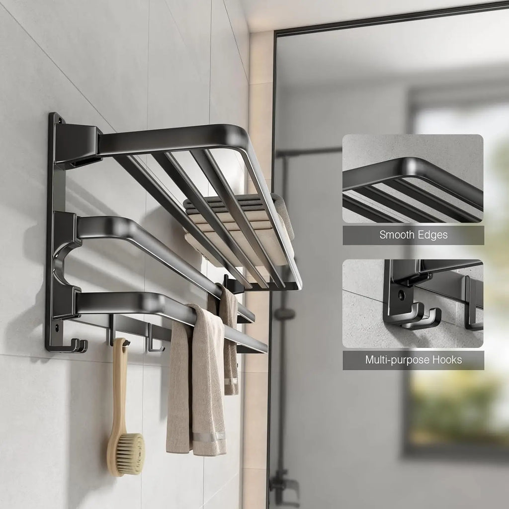 Voldra 24-Inch Towel Rack, Bathroom Towel Shelf with 2 Towel Bar Towel Holder with 7 Hooks Towel Storage Organizer for Bathroom & Lavatory Wall Mounted