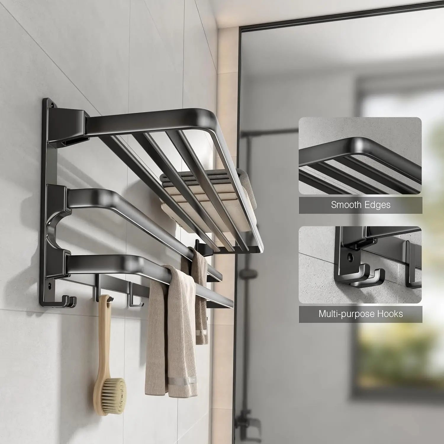 Voldra 24-Inch Towel Rack, Bathroom Towel Shelf with 2 Towel Bar Towel Holder with 7 Hooks Towel Storage Organizer for Bathroom & Lavatory Wall Mounted
