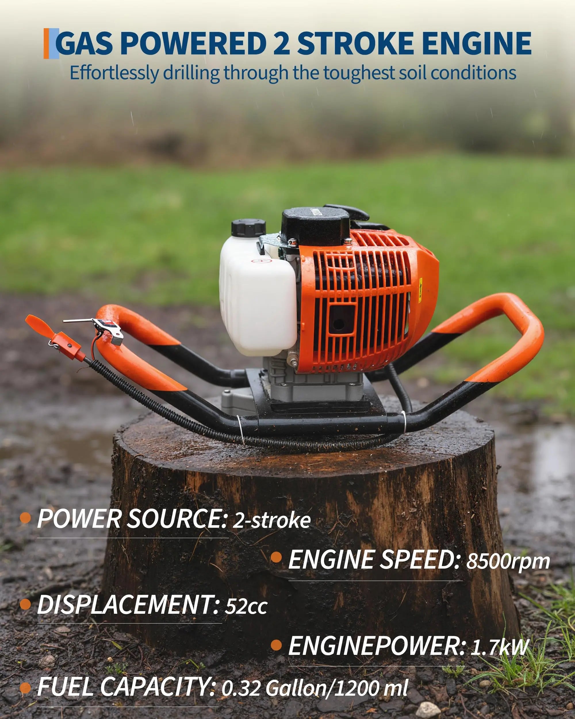 52cc Gas Powered Earth Auger Post Hole Digger With 2 Bits 6" 10" And 3 Extension Rods Heavy Duty Fence Tree Planting Tool