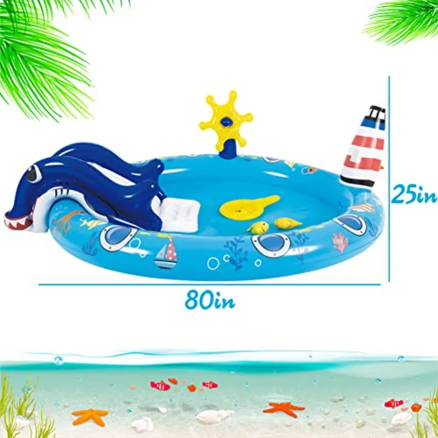 Kiddie Pool with Slide Inflatable Play Center Wading Lounge Pool, Marine Life Sprinkler, 60" x 25" Water Game Play Center for Kids