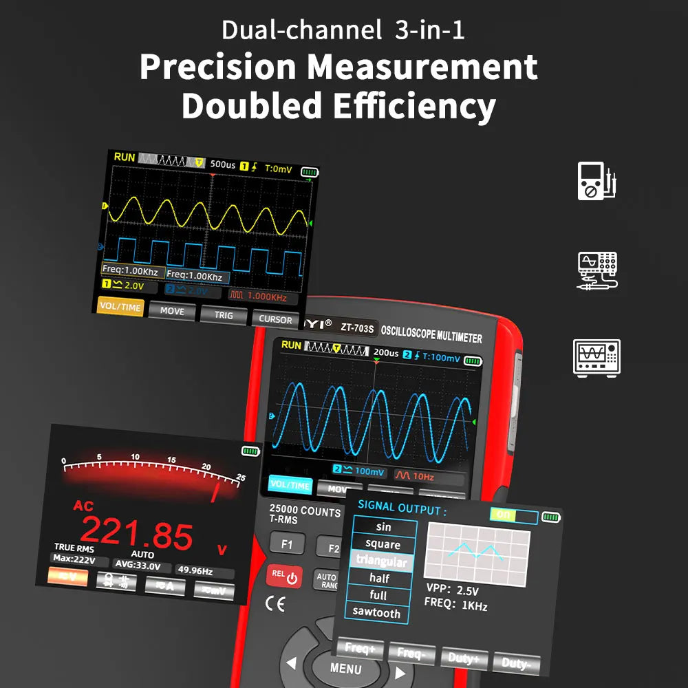 ZOYI ZT-703 Handheld digital oscilloscope multimeter three-in-one two-channel oscillometer signal generator electrician