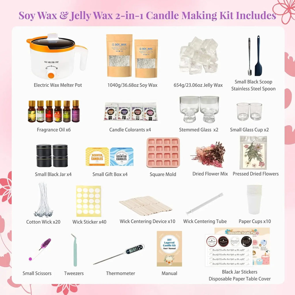 WcoDusak Best Wish 2-in-1 Soy & Jelly Wax DIY Candle Making Kit for Beginners & Adults | Complete Candle Making Kit, Dual-Setting Wax Melter, Custom Fragrances & Colors, Ideal for Home Hobby & Holiday Gifts