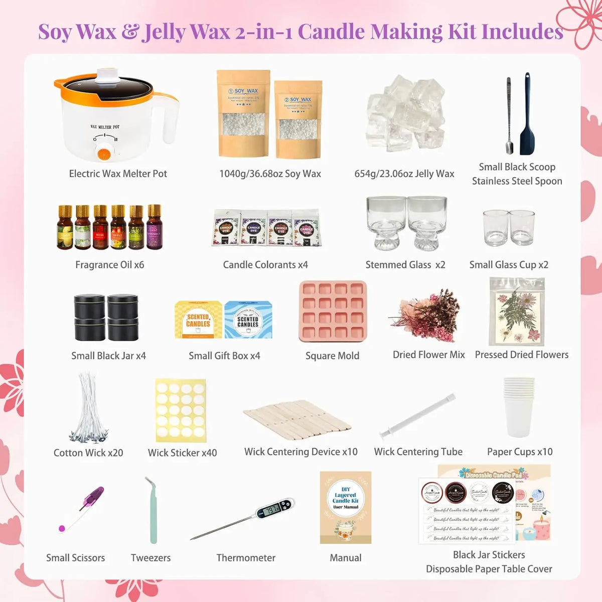 WcoDusak Best Wish 2-in-1 Soy & Jelly Wax DIY Candle Making Kit for Beginners & Adults | Complete Candle Making Kit, Dual-Setting Wax Melter, Custom Fragrances & Colors, Ideal for Home Hobby & Holiday Gifts